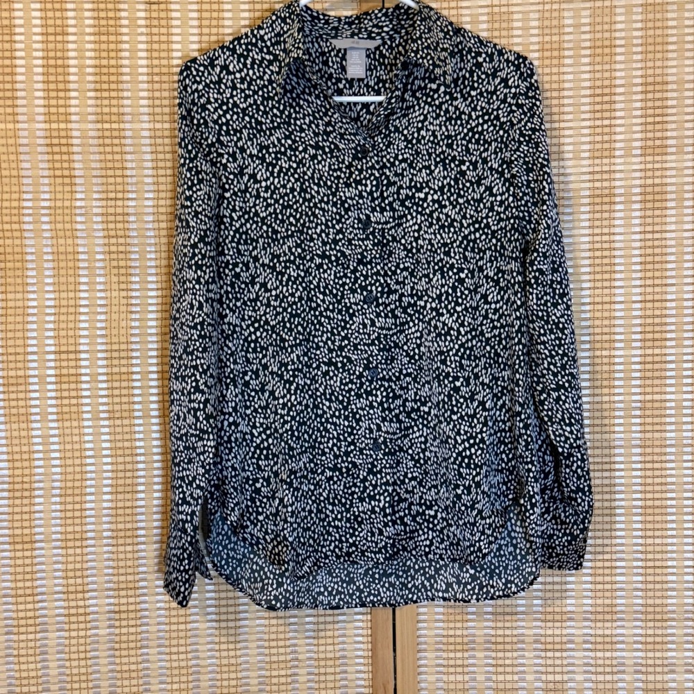 HM Womens Black White Abstract Dot Print Button Down Blouse Shirt XS Office